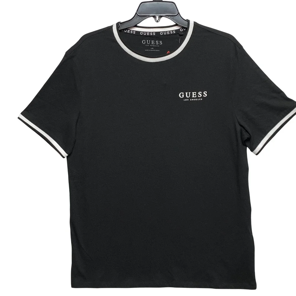 Guess  Mens Black Ringer‎ T-Shirt White Logo Crew Neck Large NWT - Picture 2 of 6